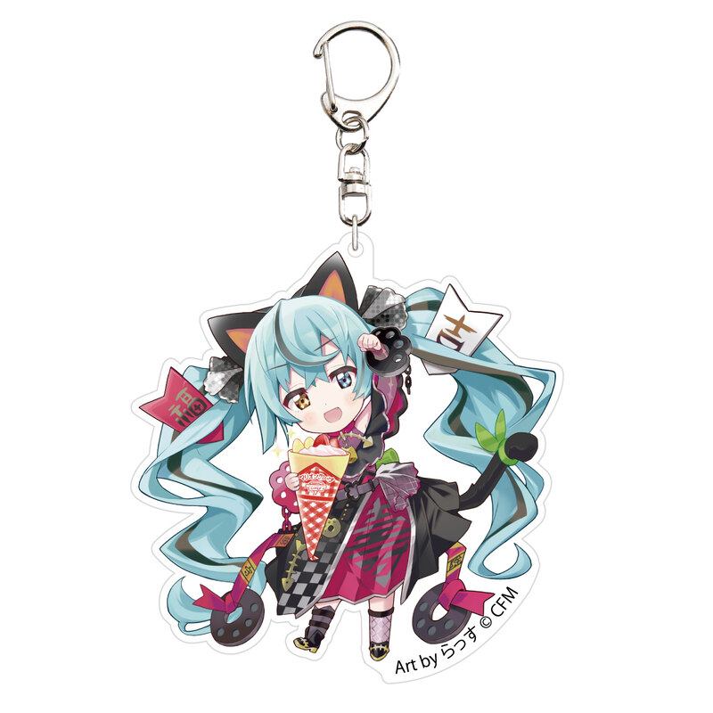 (PO) Hatsune Miku x Maneki-neko Acrylic Key Chain Art by Rassu Black Cat Standing & Left Hand Raised Crepe Image_1