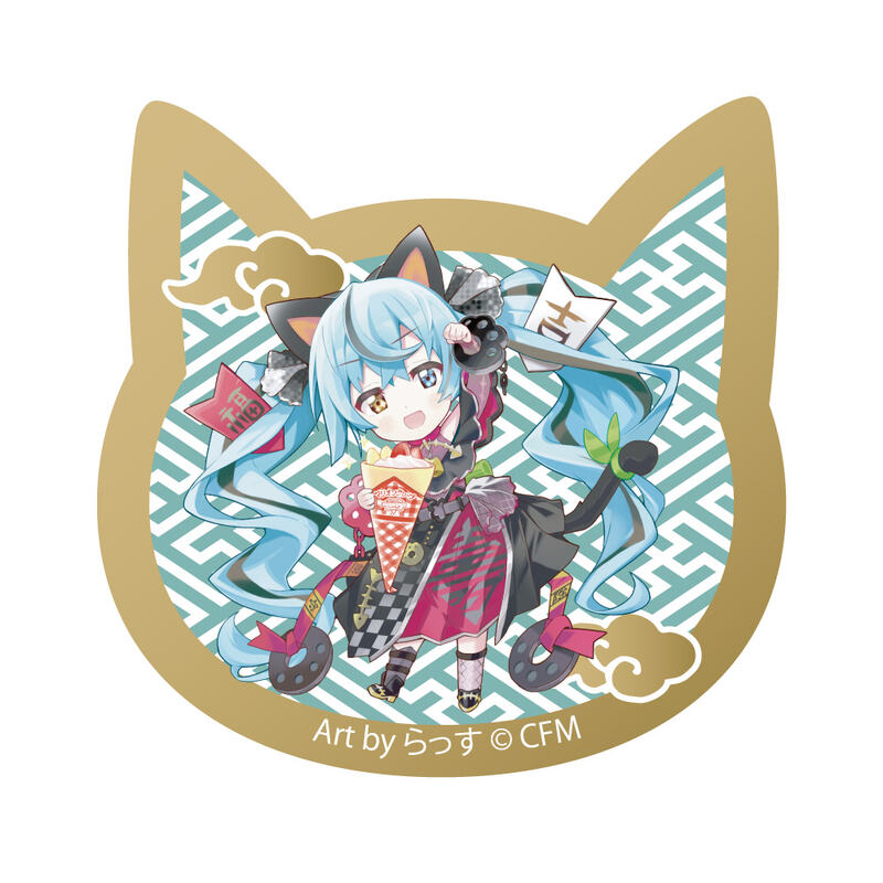 (PO) Hatsune Miku x Maneki-neko Cat Type Acrylic Magnet Art by Rassu Black Cat Standing & Left Hand Raised Crepe Image_1
