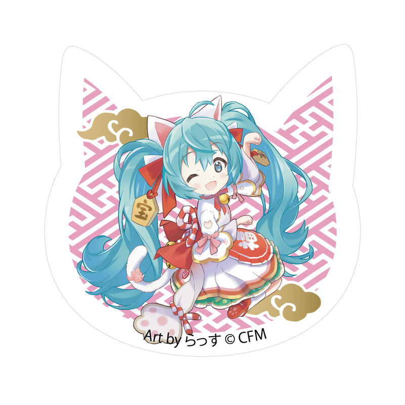 (PO) Hatsune Miku x Maneki-neko Cat Type Acrylic Magnet Art by Rassu White Cat Sitting & Left Hand Raised Image_1