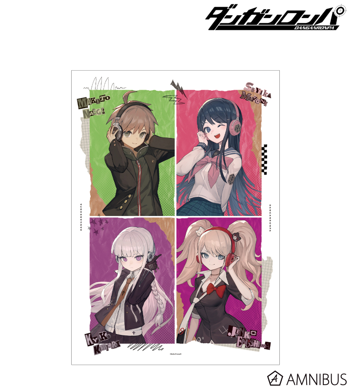 Danganronpa Series lack Illustration Makoto Naegi&Sayaka Maizono&Kyoko Kirigiri&Junko Enoshima Headphones ver. A3 Matte Finished Poster